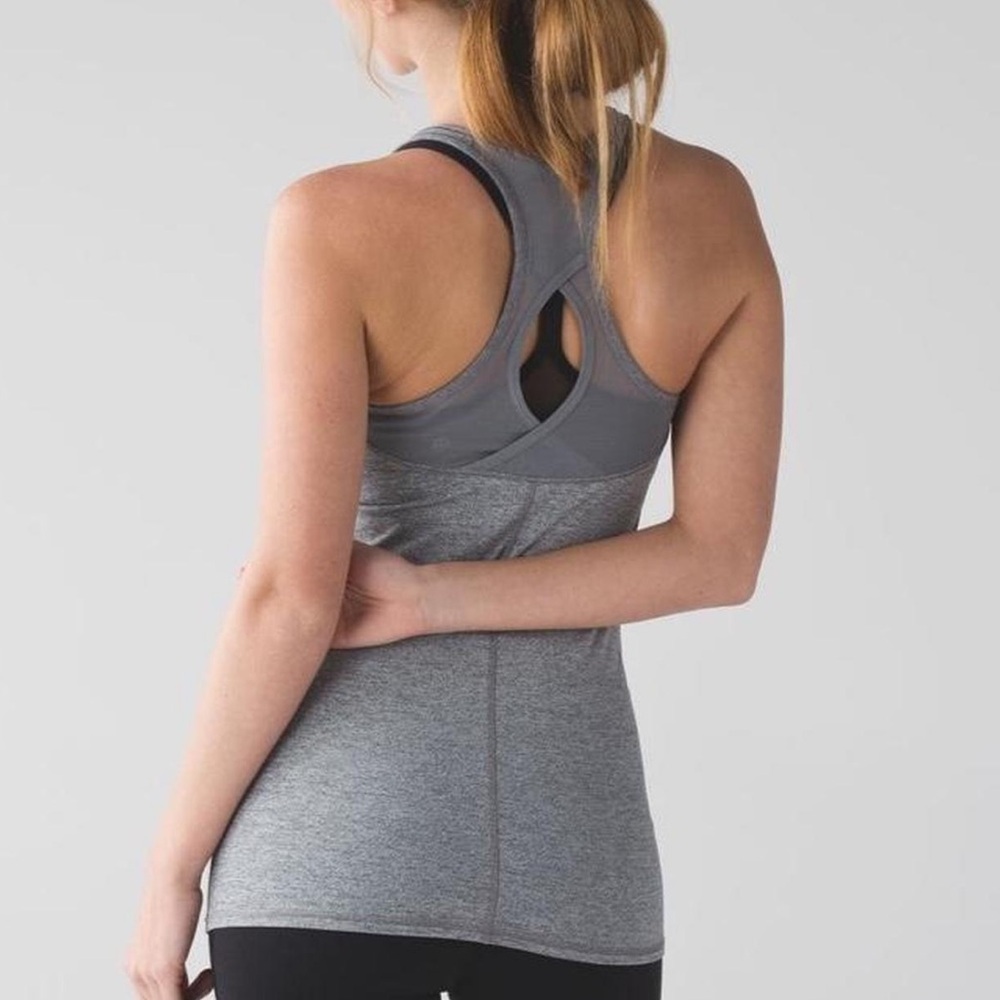 Lululemon Cool Racerback Exhale Tank Top Gray Mesh Cut Out size 4 EUC - Picture 1 of 7